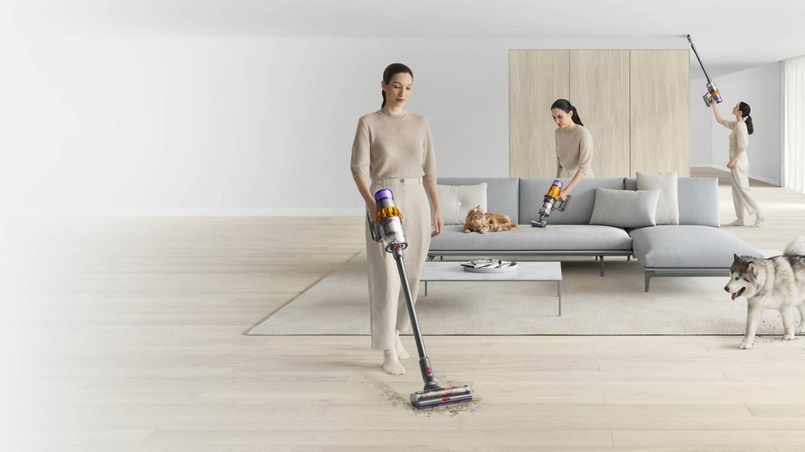 Vacuum cleaner Dyson V15 Detect dengan teknologi laser hijau untuk menyorot debu mikro pada lantai, memberikan pembersihan lebih presisi.