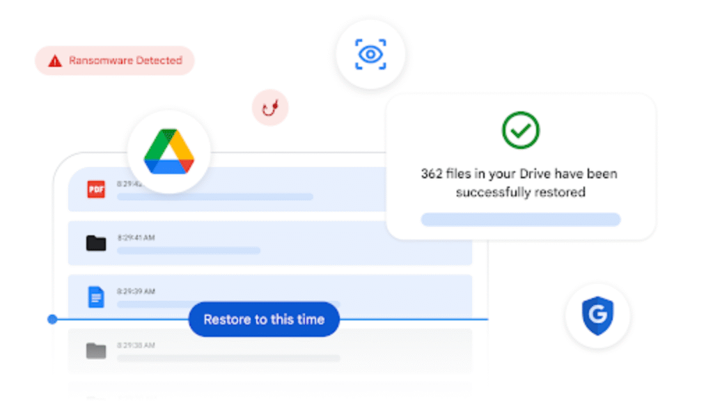 Tampilan Google Drive menampilkan folder, file dokumen, dan opsi berbagi untuk penyimpanan cloud dan kolaborasi tim secara real-time.