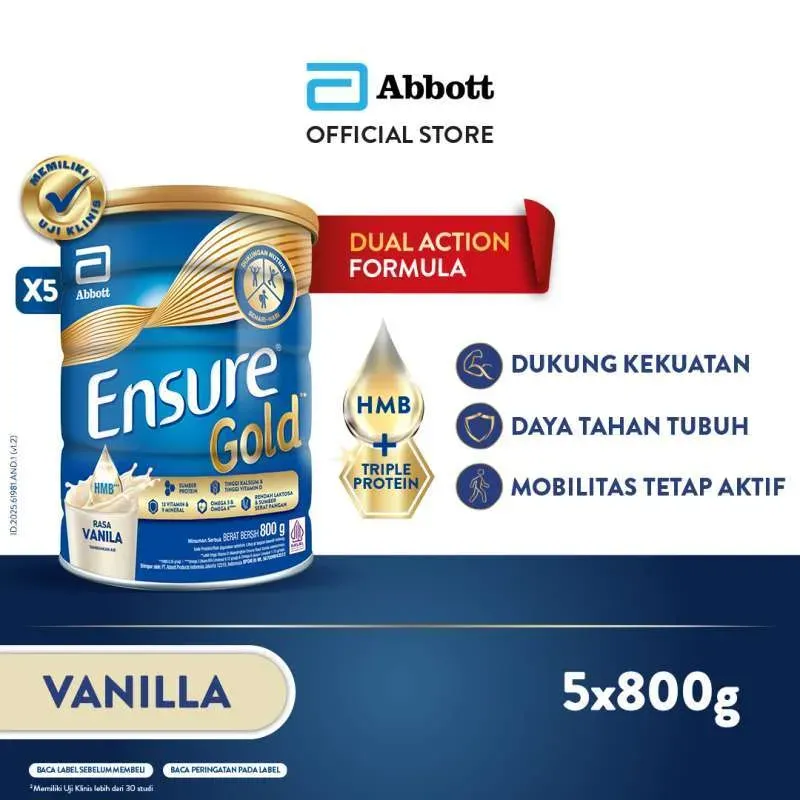 Ensure Gold HMB Vanila 800 g paket 5 pcs – susu nutrisi dewasa rendah laktosa untuk kekuatan otot dan energi harian, tersedia di Blibli.