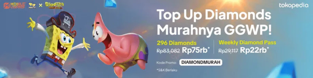Promo Mobile Legends x SpongeBob di Tokopedia dengan kode DIAMONDMURAH untuk diskon 8 ribu rupiah top up diamond